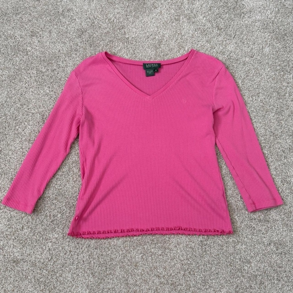 Vintage Lauren Ralph Lauren Pink Ribbed V-Neck Top/ Size M